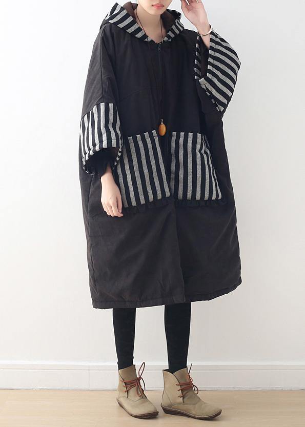 Drune | Plus-Size-Bekleidung warmer Wintermantel mit Kapuze schwarze Patchwork-Mäntel