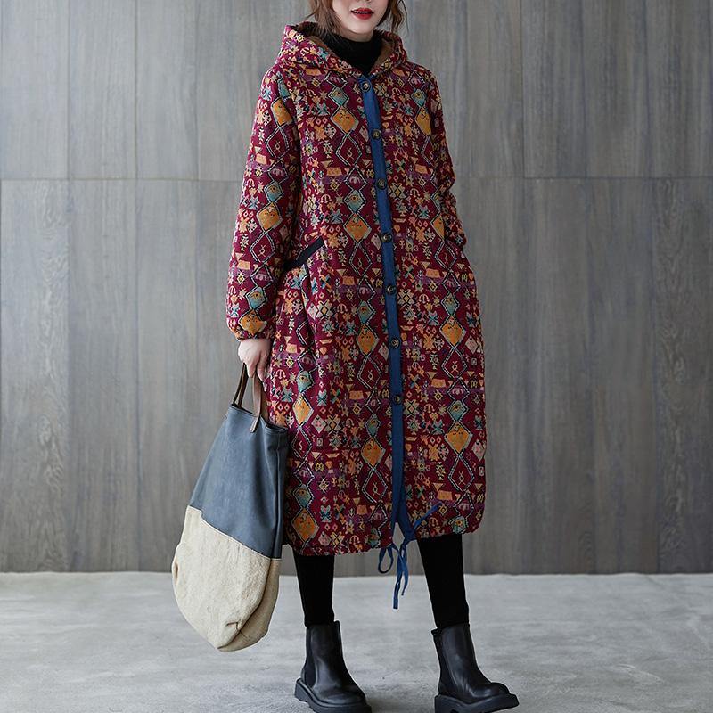 Drune | Plus-Size warmer Wintermantel Wintermäntel burgunder Print mit Kapuze Taschenmantel