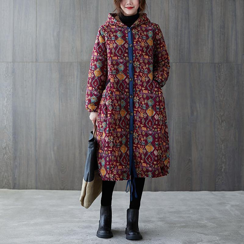 Drune | Plus-Size warmer Wintermantel Wintermäntel burgunder Print mit Kapuze Taschenmantel