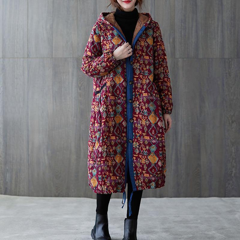 Drune | Plus-Size warmer Wintermantel Wintermäntel burgunder Print mit Kapuze Taschenmantel