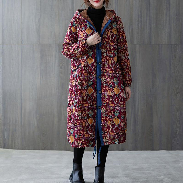 Drune | Plus-Size warmer Wintermantel Wintermäntel burgunder Print mit Kapuze Taschenmantel