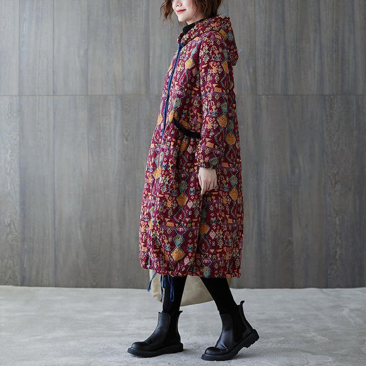 Drune | Plus-Size warmer Wintermantel Wintermäntel burgunder Print mit Kapuze Taschenmantel