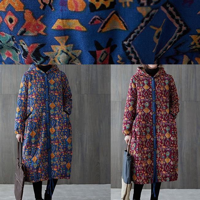 Drune | Plus-Size warmer Wintermantel Wintermäntel burgunder Print mit Kapuze Taschenmantel