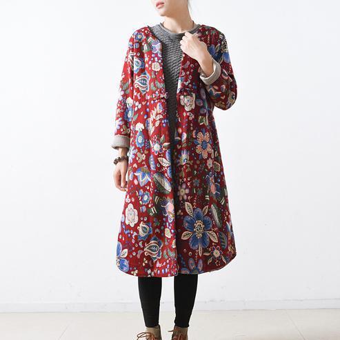 Drune | roter Baumwollmäntel lässiger Maximantel Elegante lange Mäntel floral