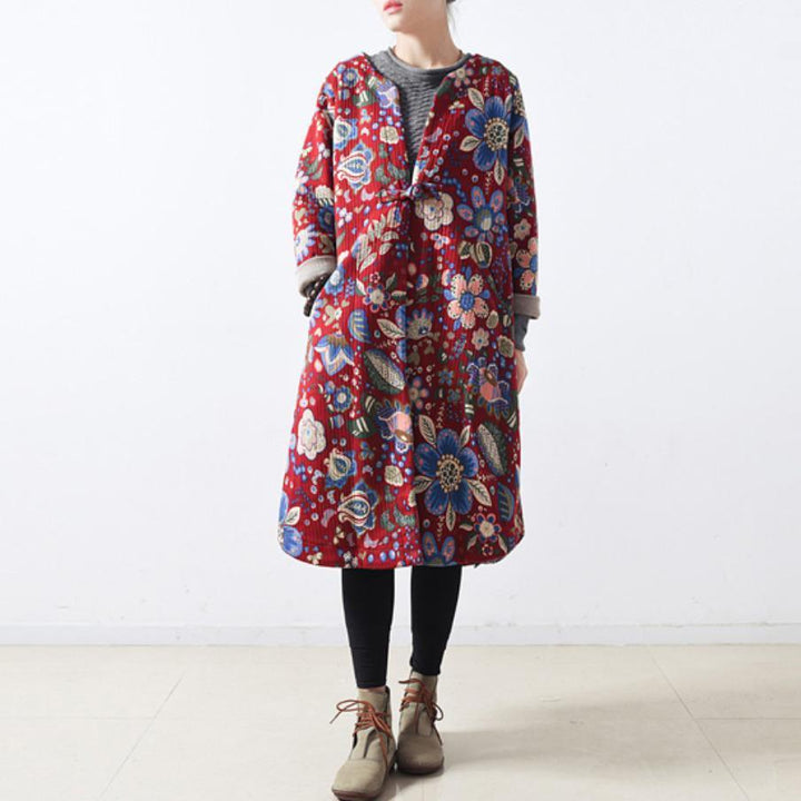 Drune | roter Baumwollmäntel lässiger Maximantel Elegante lange Mäntel floral