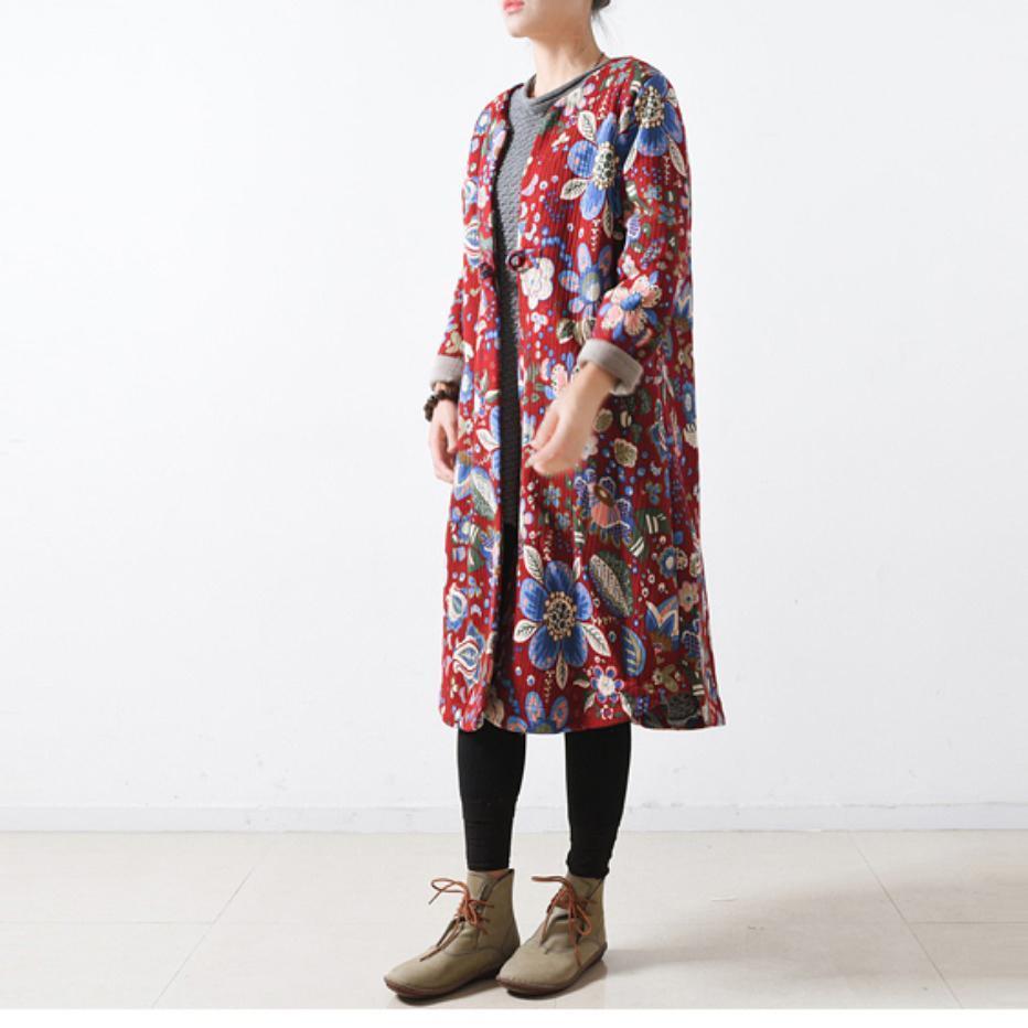 Drune | roter Baumwollmäntel lässiger Maximantel Elegante lange Mäntel floral