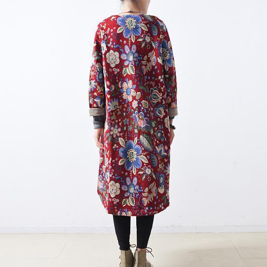 Drune | roter Baumwollmäntel lässiger Maximantel Elegante lange Mäntel floral