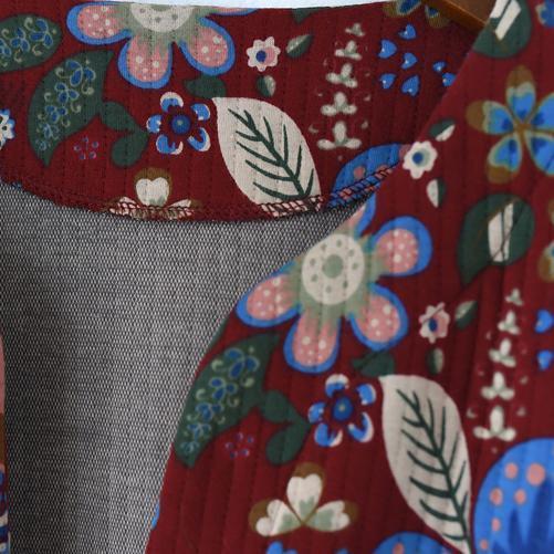 Drune | roter Baumwollmäntel lässiger Maximantel Elegante lange Mäntel floral