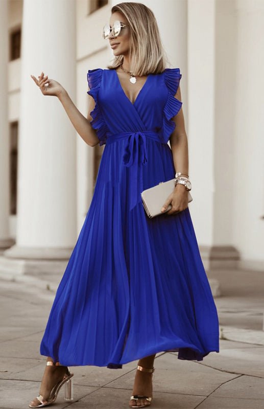 Drune | Damen Strand Sexy Lotusblatt Ärmel Chiffon Plissee Rock Einfarbig Kleid