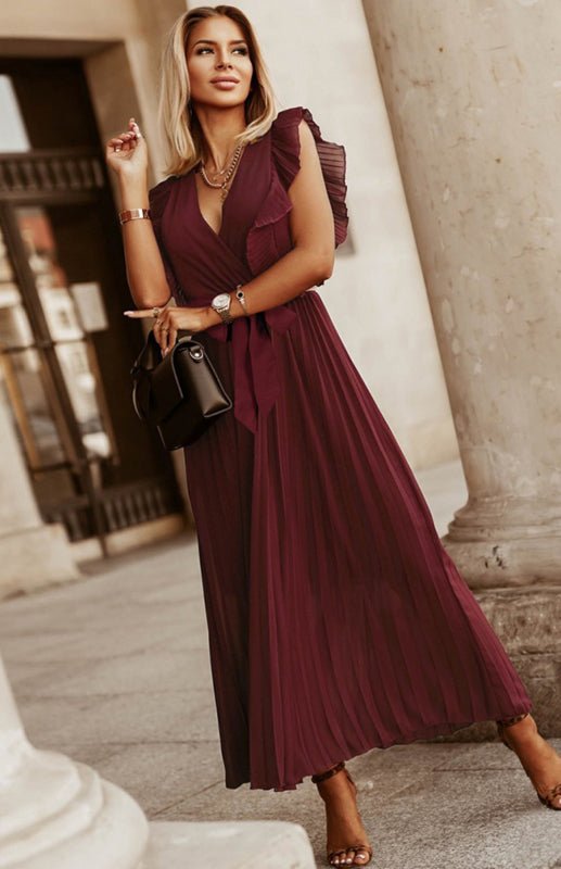 Drune | Damen Strand Sexy Lotusblatt Ärmel Chiffon Plissee Rock Einfarbig Kleid