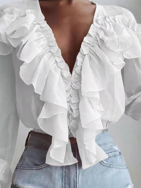 Drune | Damenblusen Rüschenter V-Ausschnitt Chiffon Langärmlige Bluse