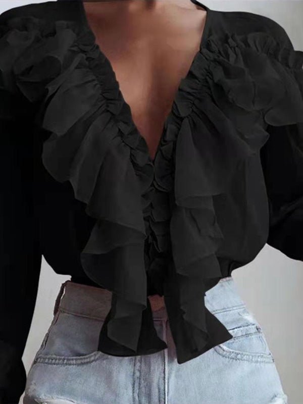 Drune | Damenblusen Rüschenter V-Ausschnitt Chiffon Langärmlige Bluse
