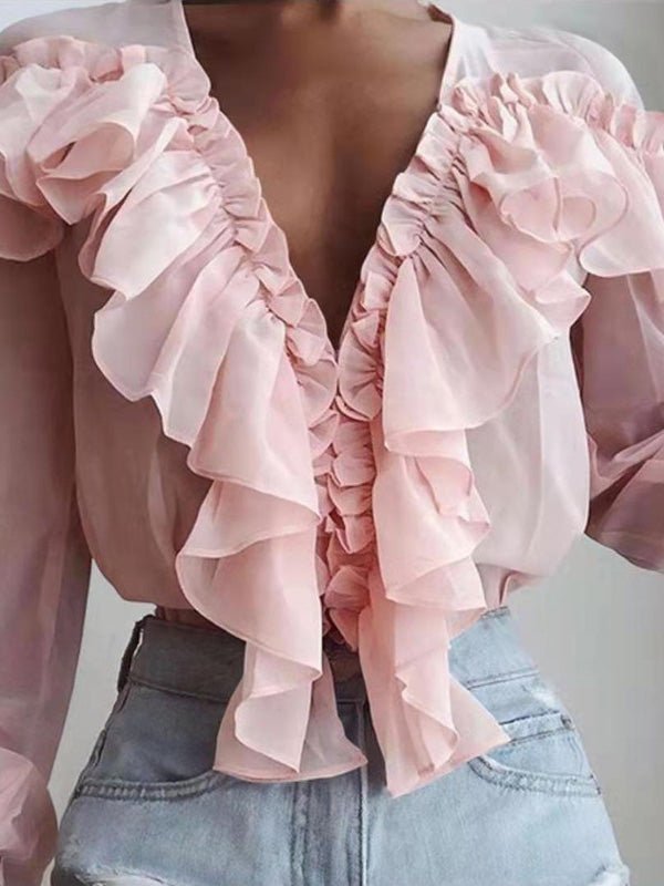 Drune | Damenblusen Rüschenter V-Ausschnitt Chiffon Langärmlige Bluse