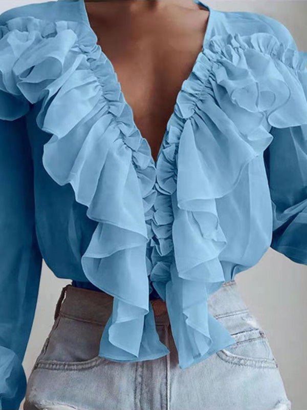Drune | Damenblusen Rüschenter V-Ausschnitt Chiffon Langärmlige Bluse