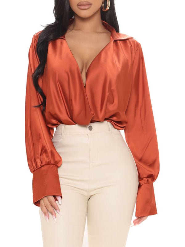 Drune | Damen Blusen Sexy V-Ausschnitt Satin Bluse