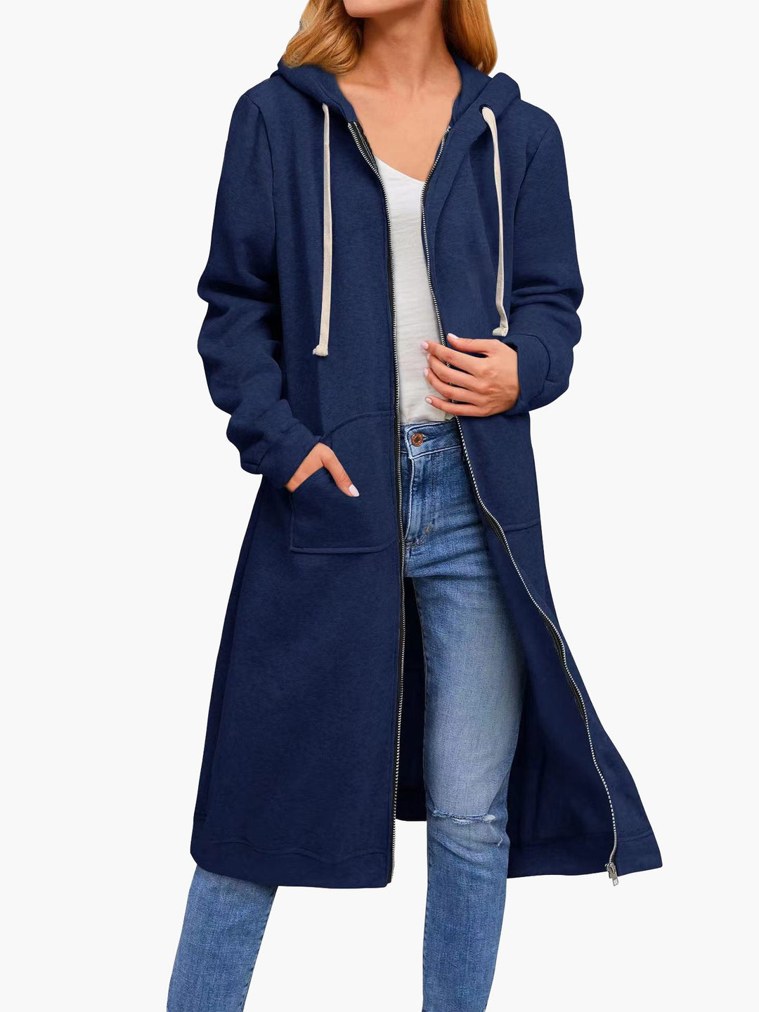 Drune | Damen Strickjacke Lässig Reißverschluss Taschen Kapuze Strickjacke Lang