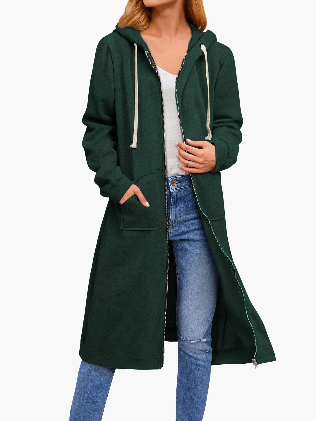 Drune | Damen Strickjacke Lässig Reißverschluss Taschen Kapuze Strickjacke Lang
