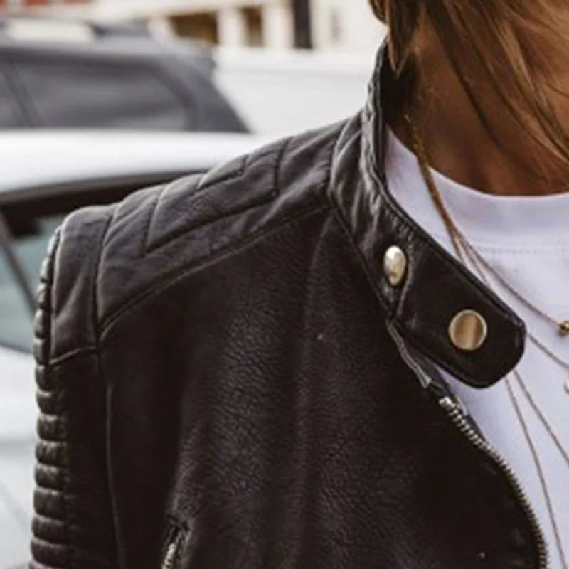 Drune | Damen Freizeit Schwarz Vegane Leder Bikerjacke