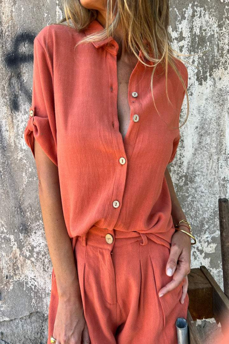 Drune | Kurzärmeliges Shirt & Hose Leinen Satz Für Damen