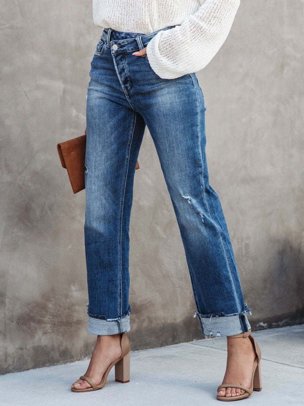 Drune | Damen Denim gewaschen High Waist modische lässige Design Taillen-Zugband-Hosen