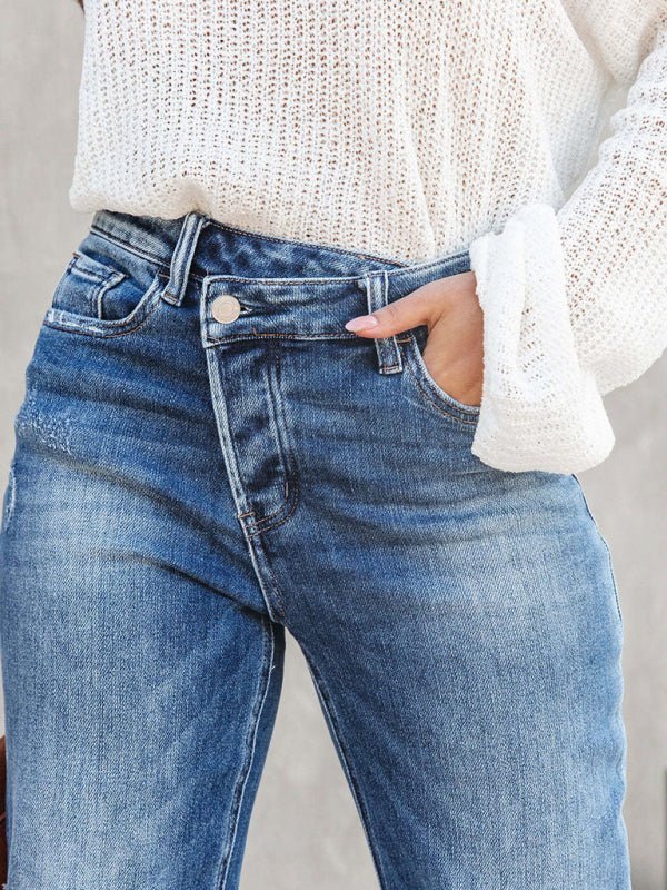 Drune | Damen Denim gewaschen High Waist modische lässige Design Taillen-Zugband-Hosen