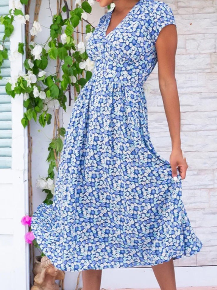 Drune | Frauen Kleider Bohemian Druck V-Ausschnitt Tasche Kleid