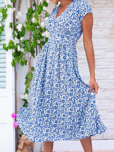 Drune | Frauen Kleider Bohemian Druck V-Ausschnitt Tasche Kleid