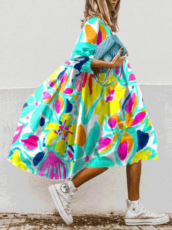 Drune | Damen Kleider Boho Print Rundhalsausschnitt Mittelarm Kleid