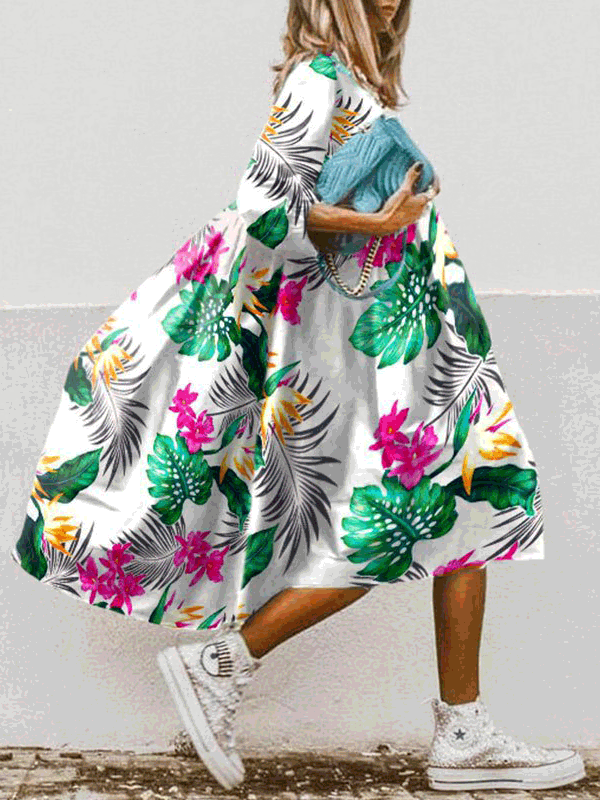 Drune | Damen Kleider Boho Print Rundhalsausschnitt Mittelarm Kleid