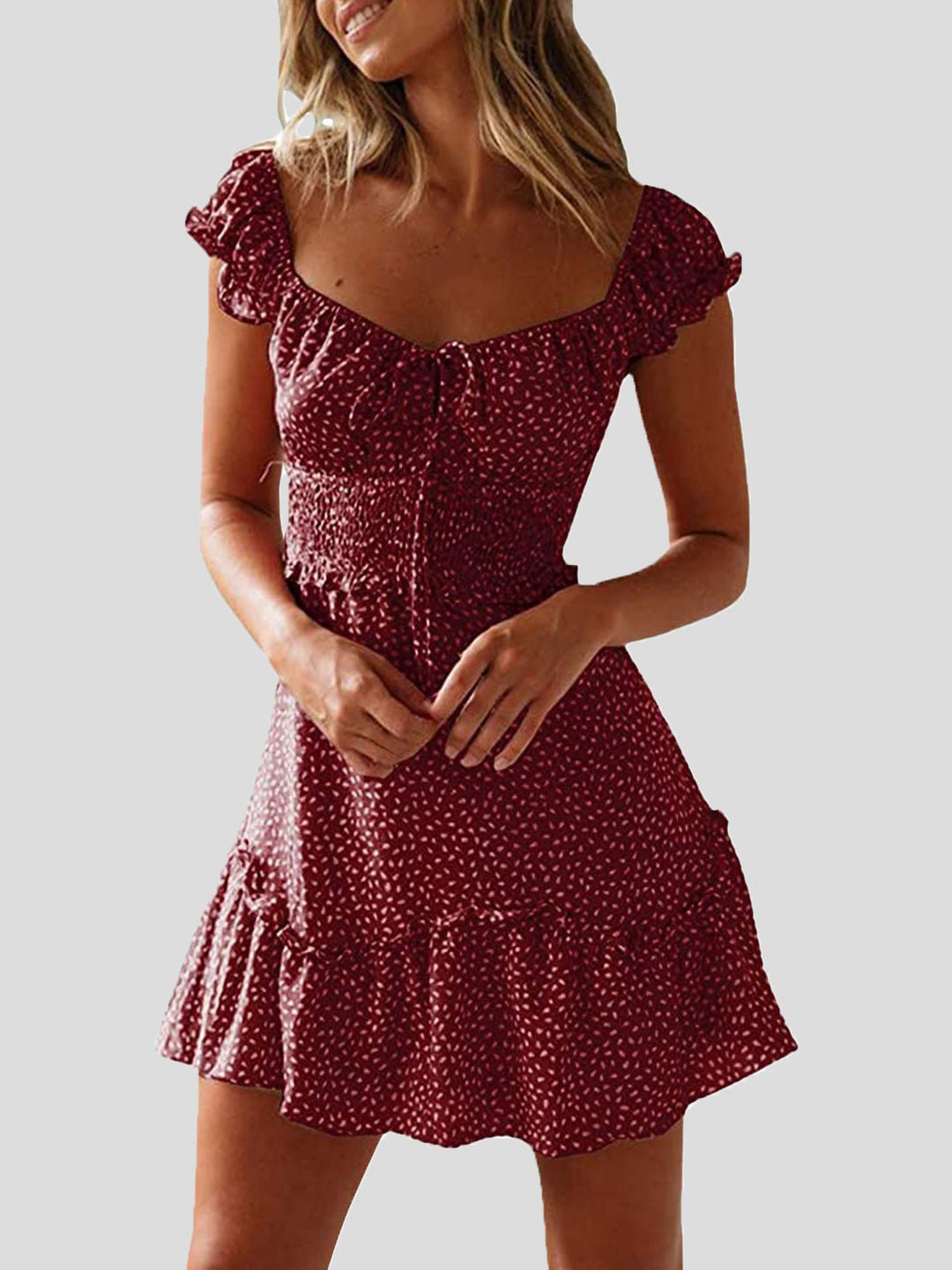 Drune | Damenkleider Blumenmuster U-Ausschnitt Knoten Rüsche Kleid