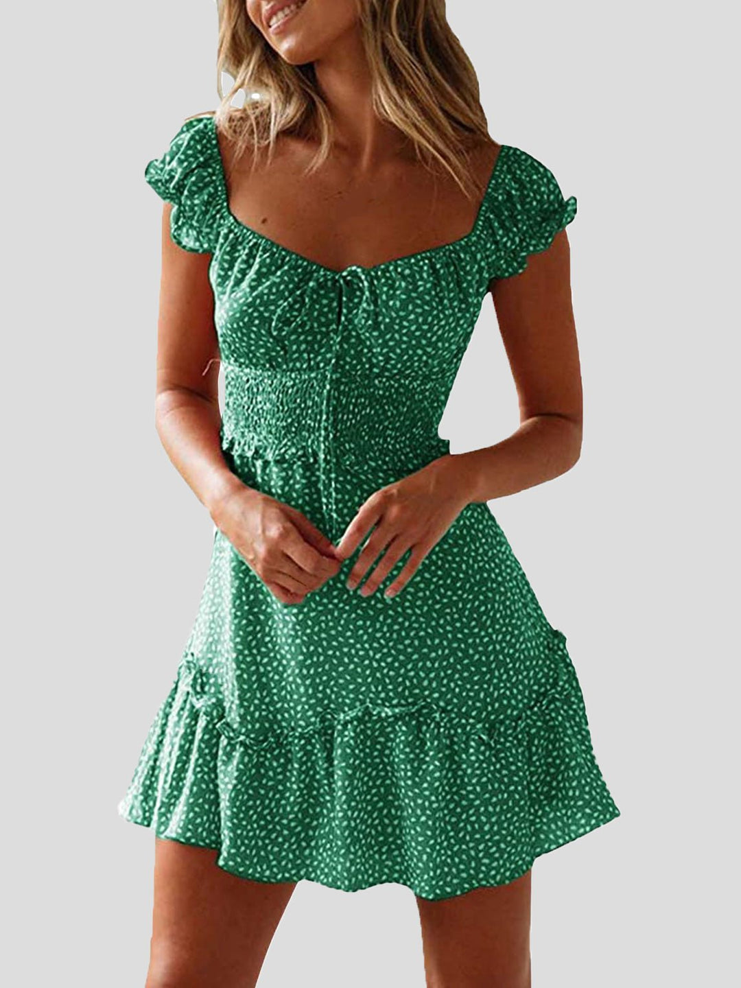 Drune | Damenkleider Blumenmuster U-Ausschnitt Knoten Rüsche Kleid