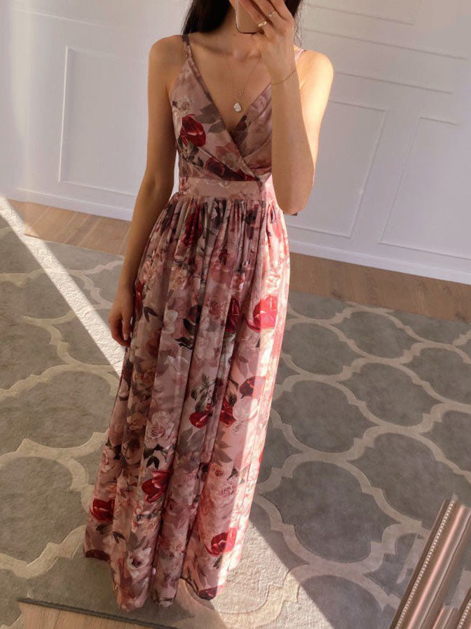 Drune | Damen Kleiderdruck Tiefer V-Ausschnitt Schlitz Trägerkleid