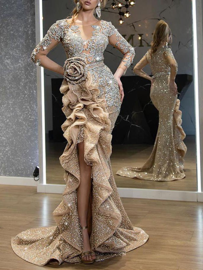 Drune | Damenkleider Glänzend Unregelmäßiger Volant Abendkleid