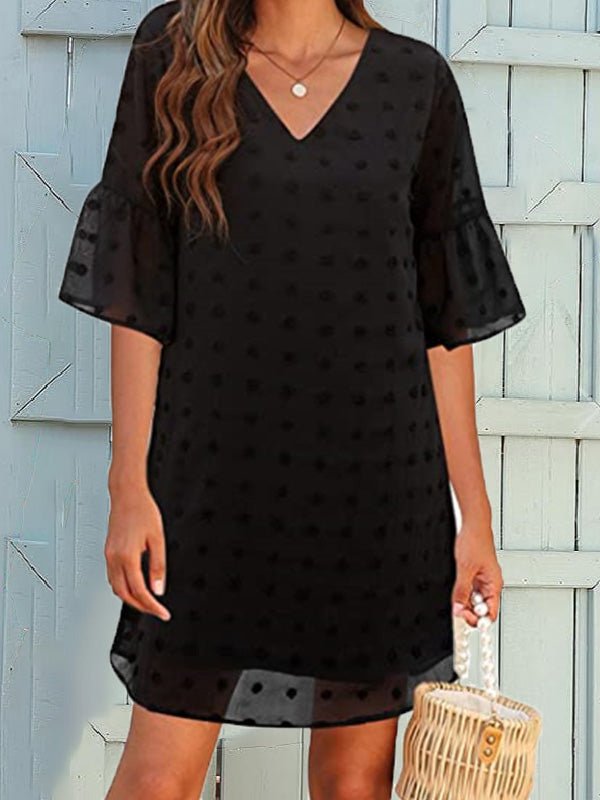 Drune | Frauen Kleider Unifarben Jacquard Punkte Chiffon Kurzarm Kleid