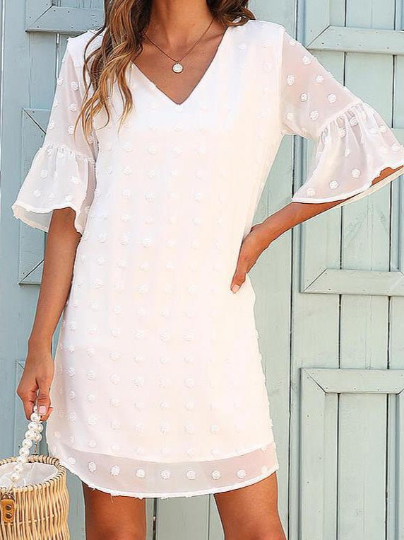 Drune | Frauen Kleider Unifarben Jacquard Punkte Chiffon Kurzarm Kleid
