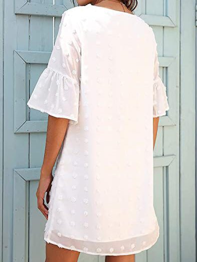 Drune | Frauen Kleider Unifarben Jacquard Punkte Chiffon Kurzarm Kleid