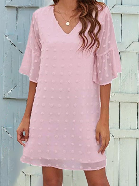 Drune | Frauen Kleider Unifarben Jacquard Punkte Chiffon Kurzarm Kleid