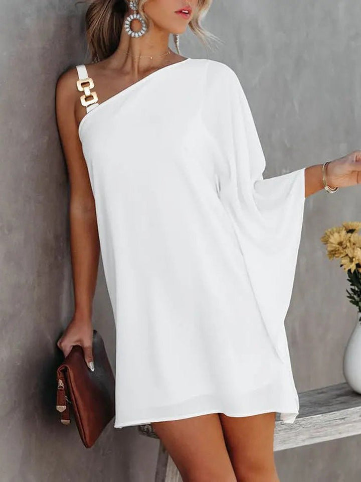 Drune | Damenkleider Solid Metallträger Off-Shoulder Puppenärmel Kleid
