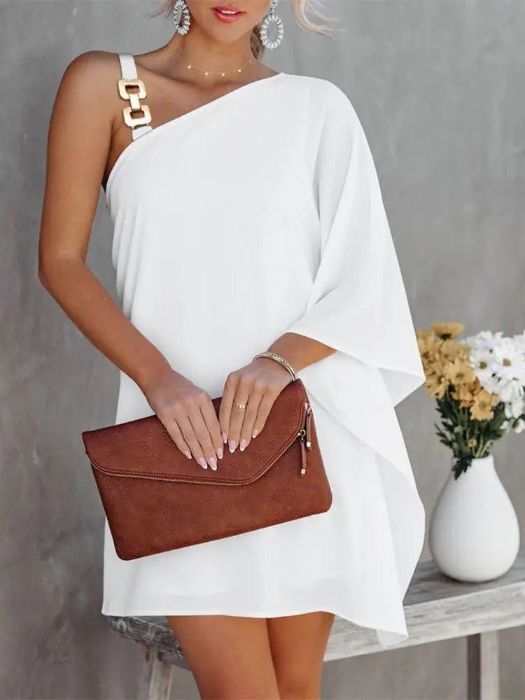 Drune | Damenkleider Solid Metallträger Off-Shoulder Puppenärmel Kleid