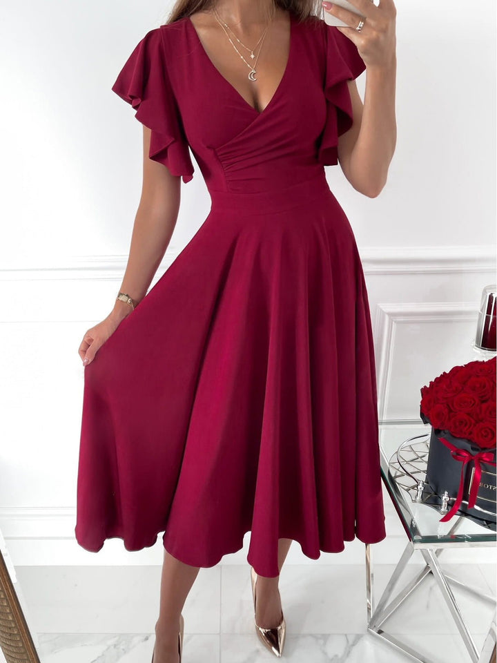 Drune | Damenkleider Einfarbig V-Ausschnitt Rüschensleeve Kleid