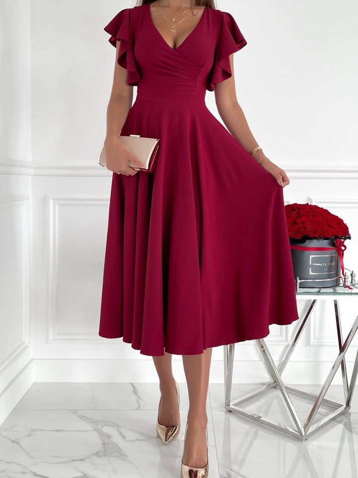 Drune | Damenkleider Einfarbig V-Ausschnitt Rüschensleeve Kleid