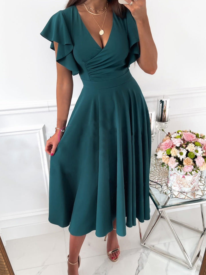 Drune | Damenkleider Einfarbig V-Ausschnitt Rüschensleeve Kleid
