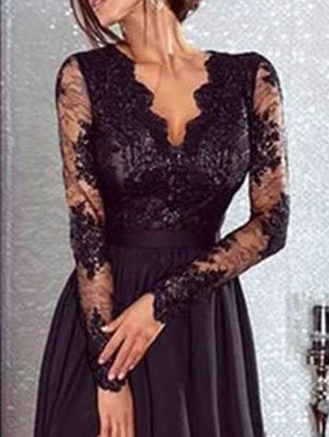 Drune | Frauen Kleider V-Ausschnitt Spitze Lange Ärmel Schlitz Abendkleid