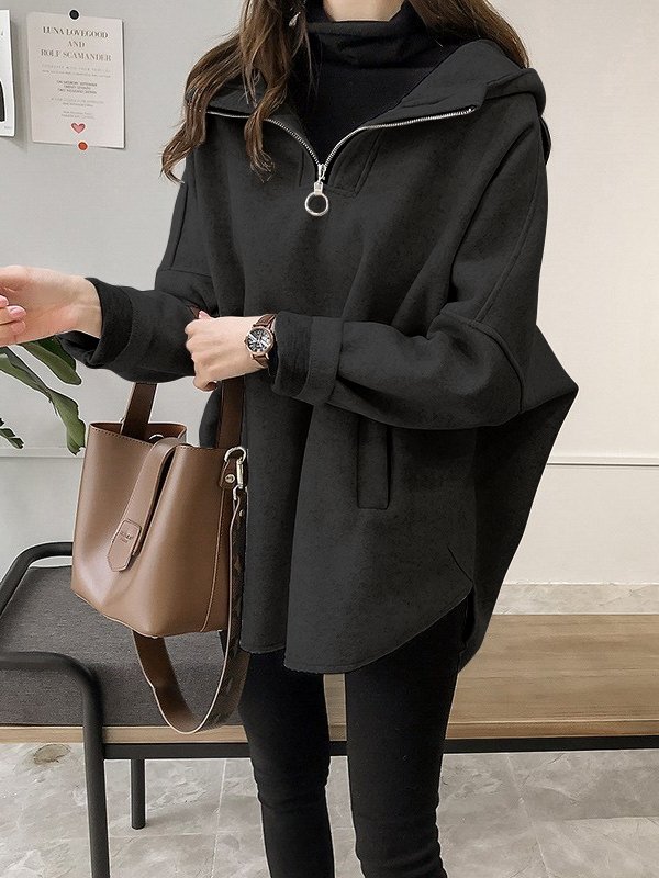 Drune | Damen Hoodie Lässiger Wind Wolle Mittel Lang Pullover Hoodie