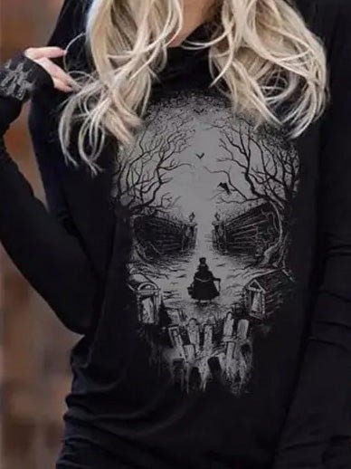Drune | Damen Kapuzenpullover mit Totenkopfprint Langarm Kapuzenpullover