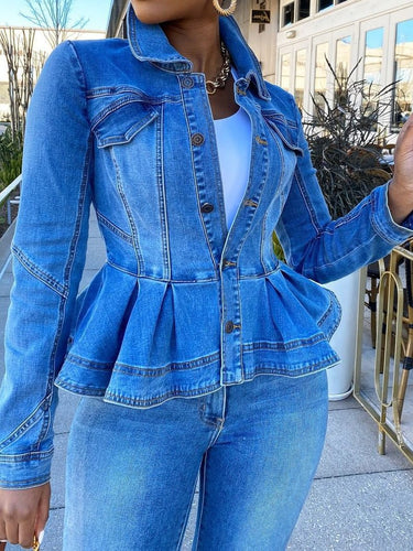 Drune | Damen Jacken Knopf Volant Lange Ärmel Denim Jacke