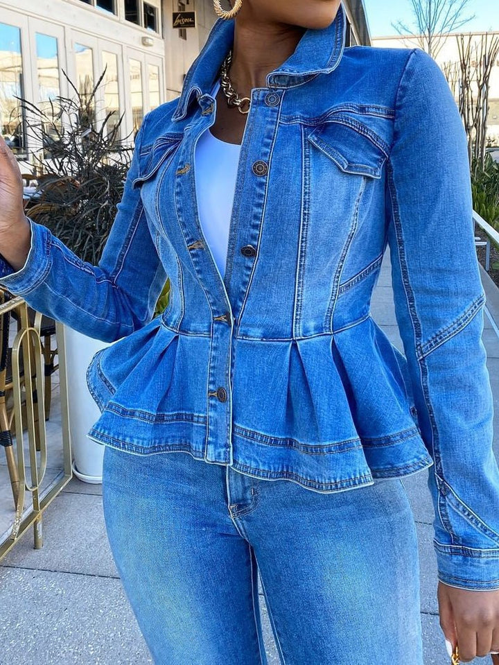 Drune | Damen Jacken Knopf Volant Lange Ärmel Denim Jacke