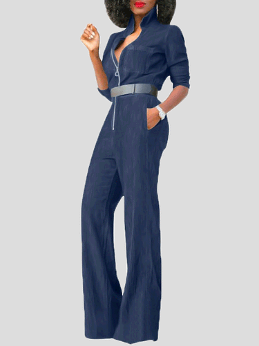 Drune | Damen Jumpsuits Klapp Reißverschluss Lange Ärmel Denim Jumpsuit