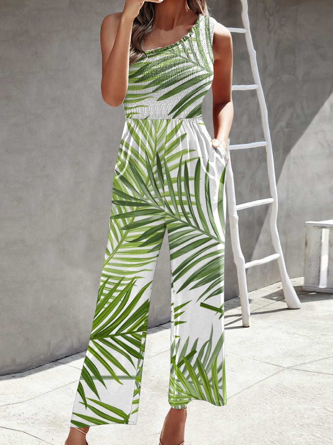 Drune | Damen Jumpsuits Gedruckt Ein Schulter Breite Bein Jumpsuit