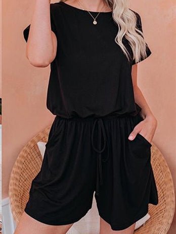 Drune | Damen Jumpsuits Solid Kurzarm Schnürverschluss Lässiger Jumpsuit